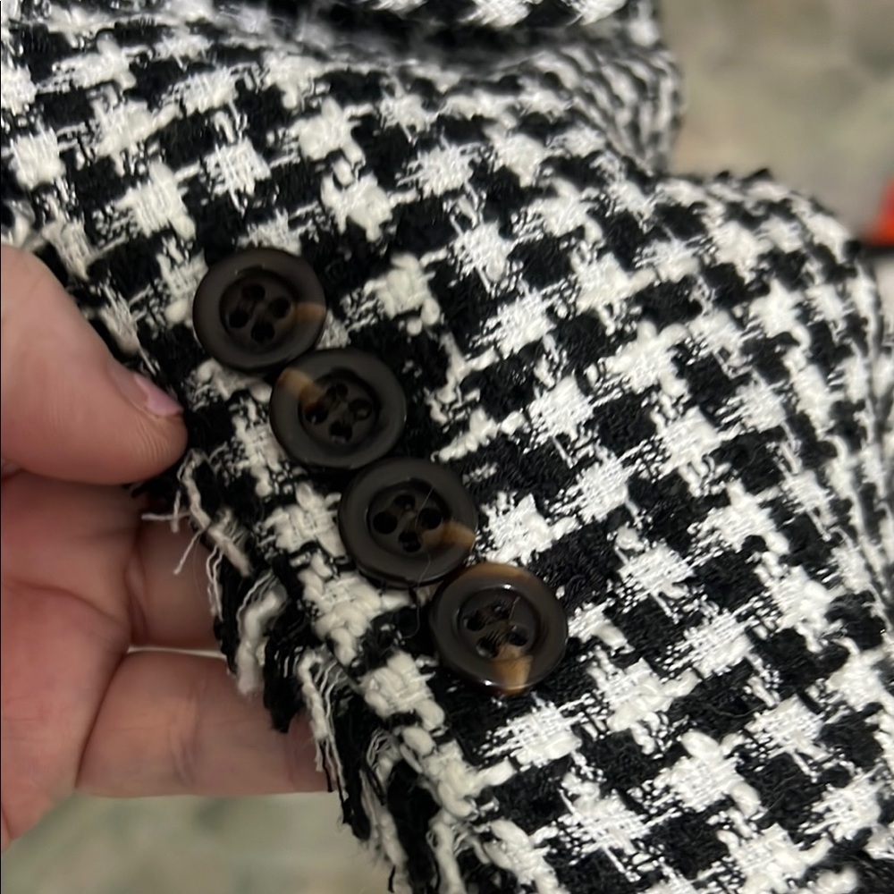 Ann Taylor Petite 14P Black White Houndstooth Fringe Trim One Button Blazer - Picture 5 of 14